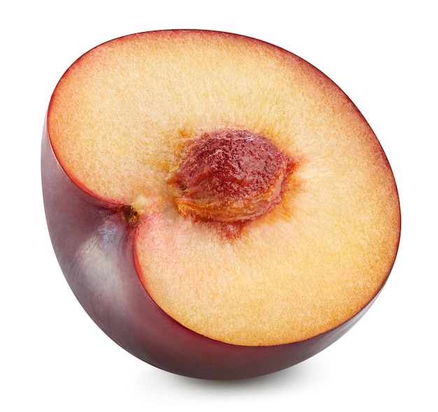 Plum half isolated on white background Ripe plum clipping path