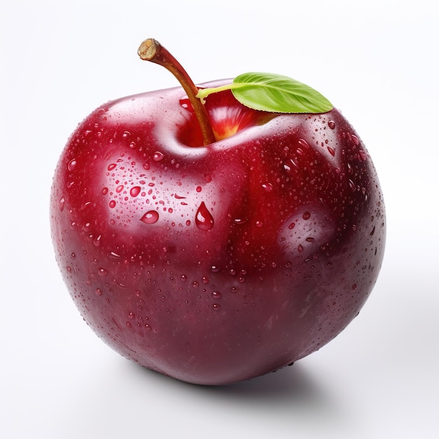 Plum isolated Ripe red plums with leaves on a white background Fresh fruits