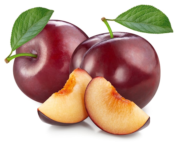 Plum isolated on white background Plum half macro studio photo Plum with leaves With clipping path