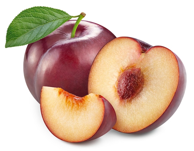 Plum isolated on white background Plum half macro studio photo Plum with leaves With clipping path