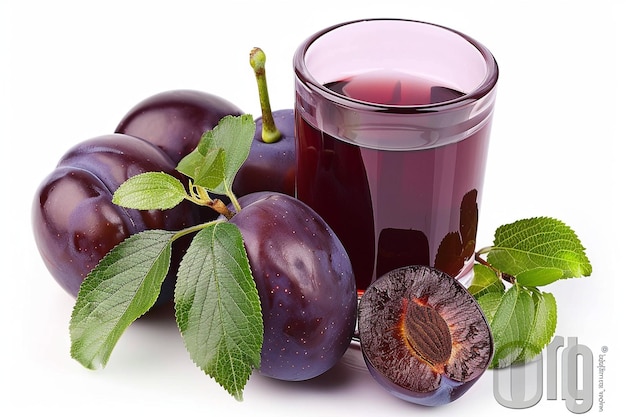 Plum juice in a glass with fresh plum fruit isolated on white background