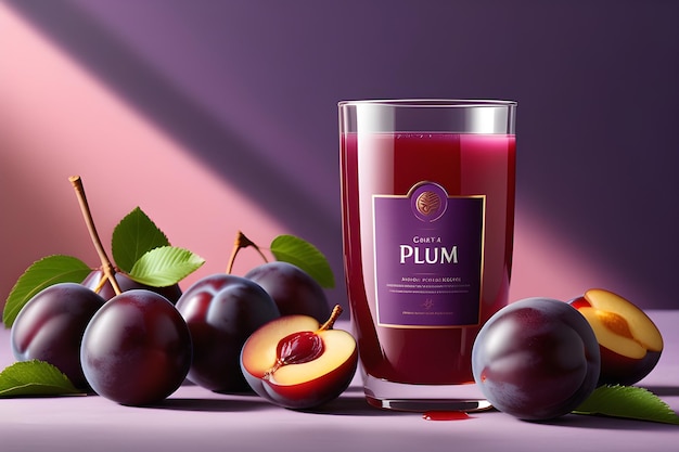 Photo plum juice in a glass with fresh plums on a purple background