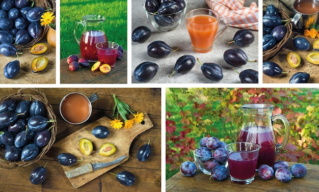 Plum juice and ripe plums on different backgrounds. Photo collage.