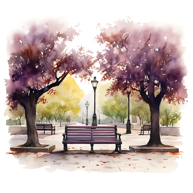 Plum Plaza Plum Trees Park Bench Bronze Statues Purples Gold Cozy Watercolor Of Nature Decorative