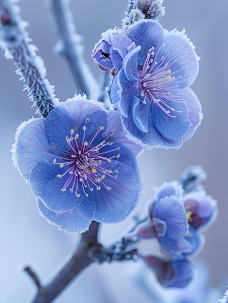 Plum tree blue petals color stamen petals and branches covered with snow and ice snow background sup