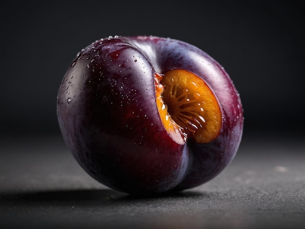 Photo a plum with a slice missing from it is sitting on a table