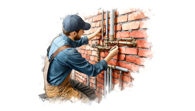 Plumber Adjusting Pipes on a Brick WallxA