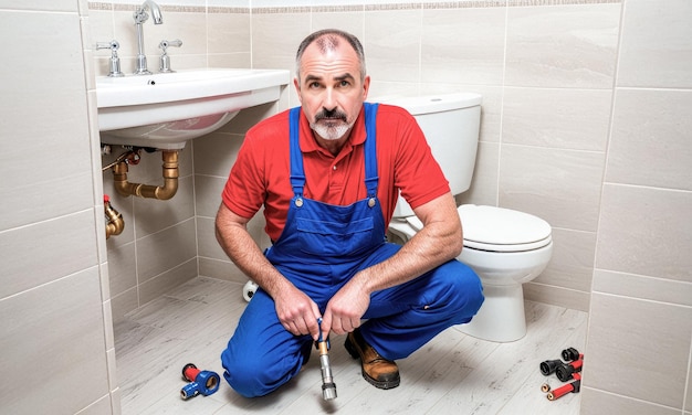 Photo plumber in blue uniform red shirt fixing sink in bathroom kneeling on floor with tools scattered around white tiled wall in background