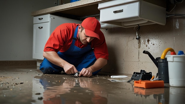 Photo plumber crouching under a sink