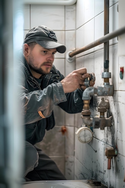 Plumber fixing a pipe in a bathroom