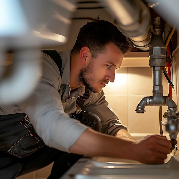 Photo plumber fixing pipes under kitchen sink with tools