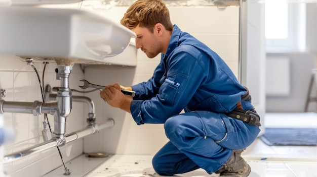 Plumber fixing a sink in a bathroom