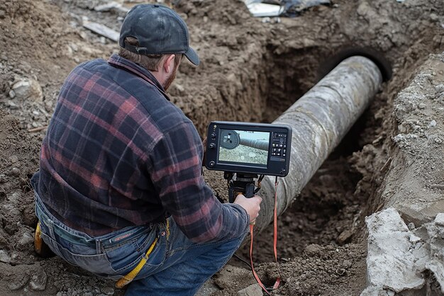 Plumber Inspecting Underground Pipe with Camera