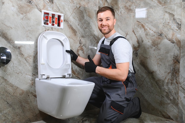 Photo plumber installing toilet in restroom