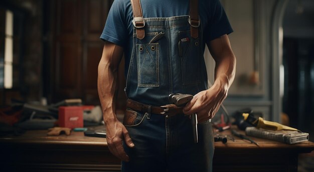 Plumber in Overalls Holding Tools