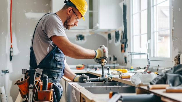 A plumber providing construction services by installing new pipes in a kitchen renovation