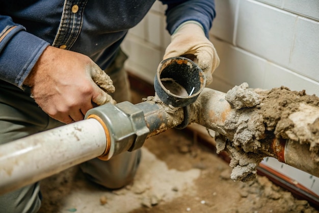 Plumber Repairing Broken Pipe with Patch or Joint Compound