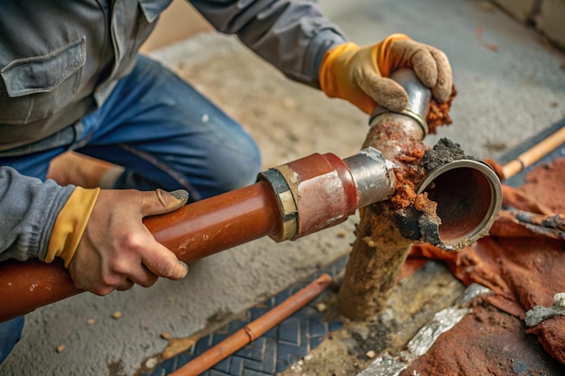 Plumber Repairing Broken Pipe with Patch or Joint Compound