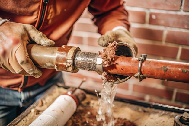 Photo plumber repairing broken pipe with patch or joint compound