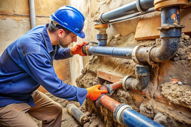 Plumber Repairing Broken Pipe with Patch or Joint Compound