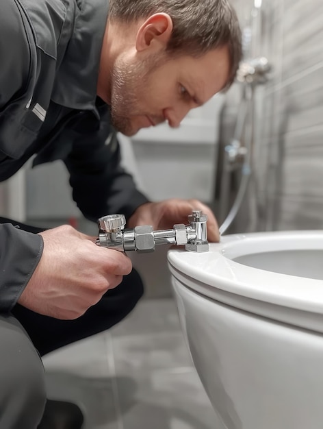 Photo a plumber repairing a toilet demonstrating skill and precision in home maintenance and plumbing service