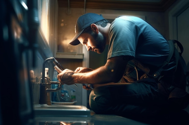 Plumber Repairing water pipe in a bright bathroom with Generative AI