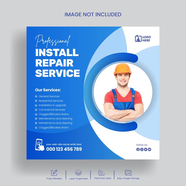 Photo plumber service social media post and instagram post template design