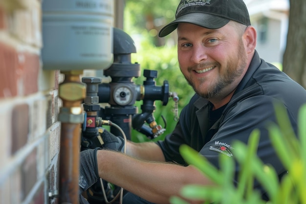 Photo plumber smiling for the camera while working