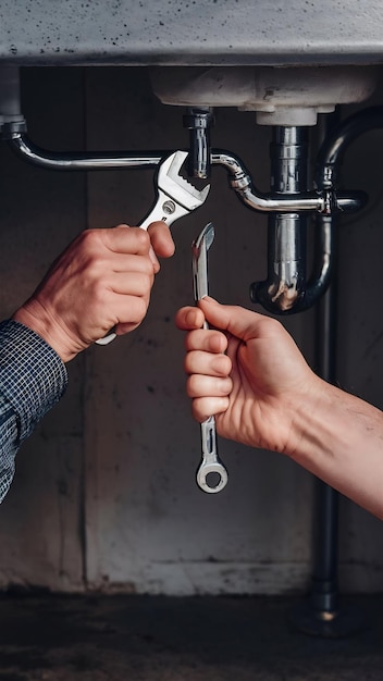 Plumber using a wrench to repair water pipe under the sink