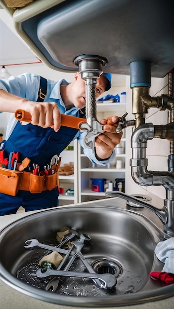 Plumber using a wrench to repair water pipe under the sink