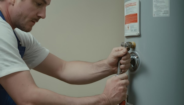 a plumber using a wrench to tighten fittings on a water heater ensuring proper installation