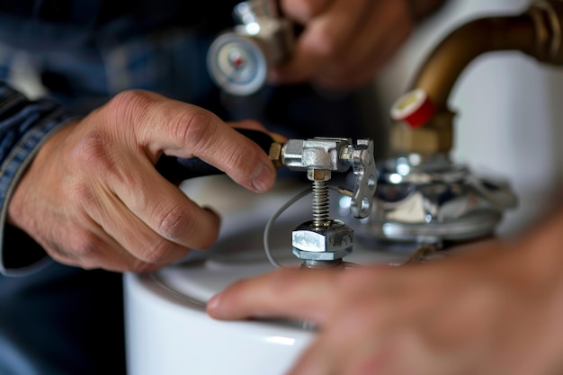 Plumber using wrench to tighten gas line on newly installed water heater tank on white background