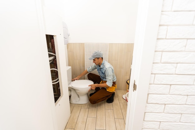 Plumber with a toilet plunger. The worker