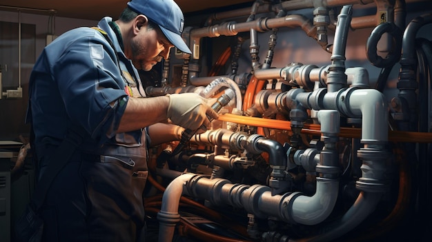 Plumbers fixing pipes beneath sink Professionals at work