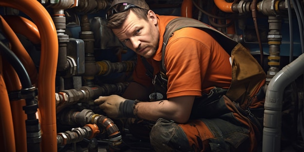 Plumbers fixing pipes beneath sink Professionals at work