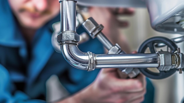 Photo a plumbers hand works on a silver curved drain pipe the pipe is attached to a sink that is out of focus in the background