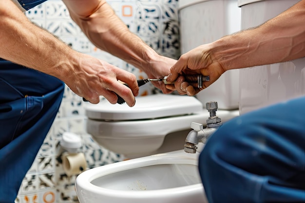 Photo plumbing installation a man installs a toilet cistern on a toilet seat