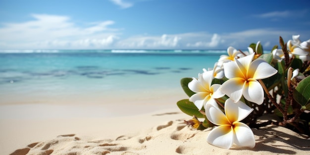 Plumeria Frangipani on tropical sea and beach blue sky background Summer festive time Generative AI