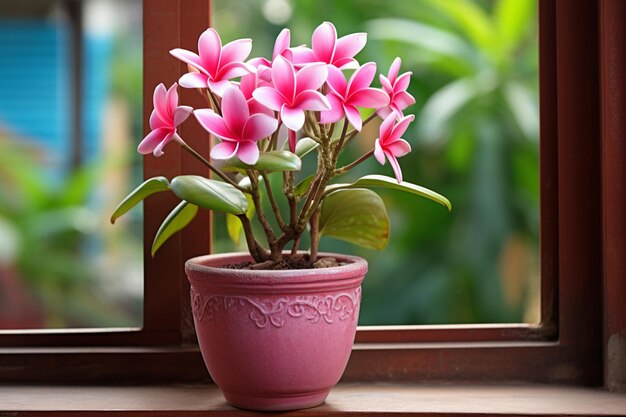 Photo a plumeria plant in a decorative ceramic pot on a sunny