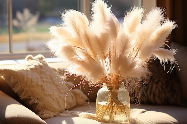 Plumes of Elegance Pampas Grass Plants in a Glass Vase in a WellLit Space