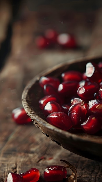 Plump and Juicy Pomegranate Seeds with Shimmering Oil Essence on Rustic Wooden Surface