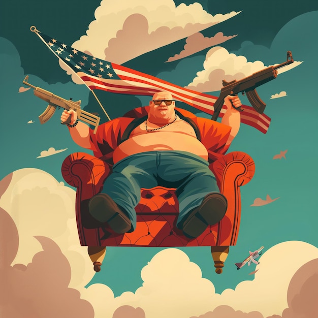 Plump man on big arm chair flying in sky with American flag and rifle Miniguns Illustration in