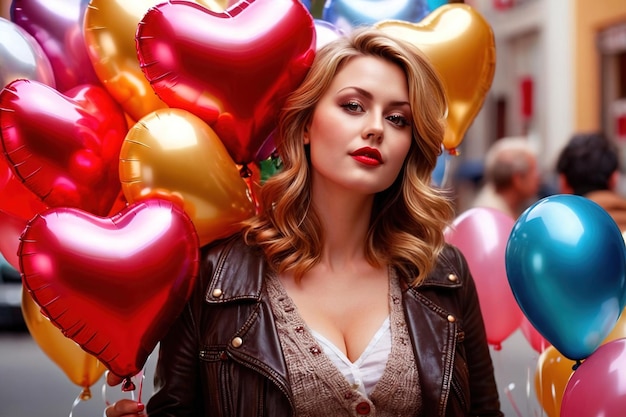 Photo plump woman with heart shaped foil balloons overweight plus sized girl looking for love romance