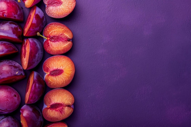 Photo plums artfully sliced on purple backdrop