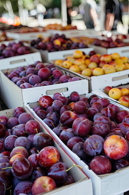 Photo plums in boxes on a store counter selective focus