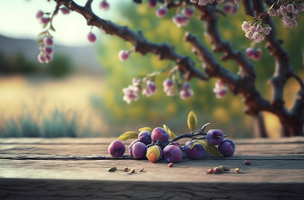 Plums on the table in the garden Generative AI