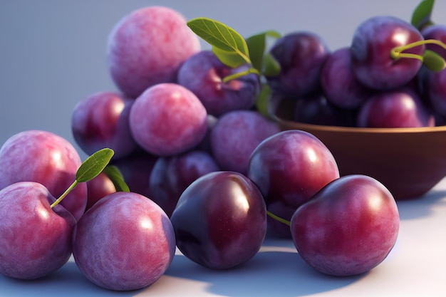 Plums with leaves on a gray background 3d render Raster illustration