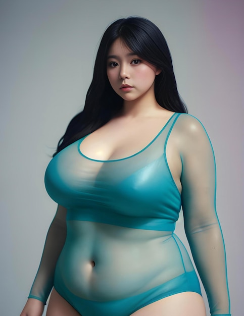 Plus size asian woman in underwear fat and slim body