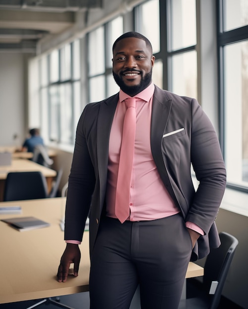 Plus size black businessman in business suit smiling in office