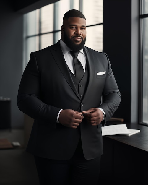 Plus size black businessman in business suit smiling in office